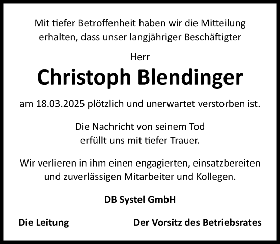 Traueranzeige von Christoph Blendinger von Darmstädter Echo