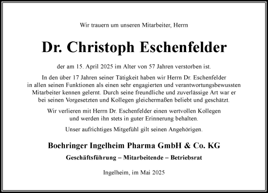 Traueranzeige von Christoph Eschenfelder von Allgemeine Zeitung Rheinhessen-Nahe