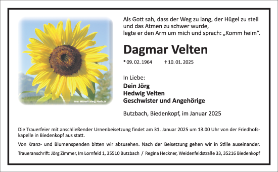 Traueranzeige von Dagmar Velten von Hinterländer Anzeiger