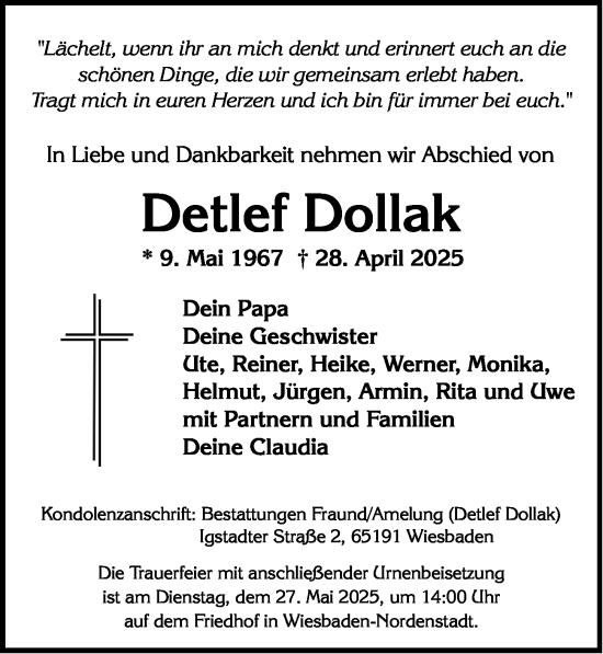 Traueranzeige von Detlef Dollak von Wiesbadener Kurier