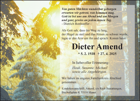 Traueranzeige von Dieter Amend von Allgemeine Zeitung Mainz