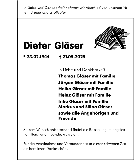 Traueranzeige von Dieter Gläser von Dill Block