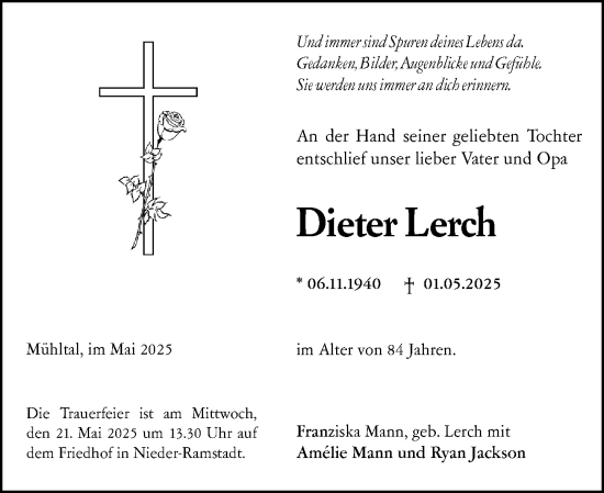 Traueranzeige von Dieter Lerch von Darmstädter Echo