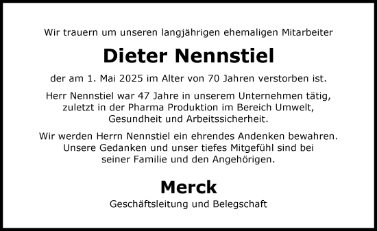 Traueranzeige von Dieter Nennstiel von Darmstädter Echo