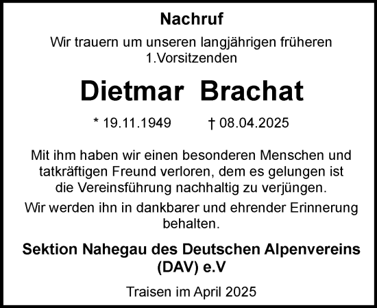 Traueranzeige von Dietmar Brachat von Allgemeine Zeitung Rheinhessen-Nahe
