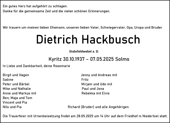 Traueranzeige von Dietrich Hackbusch von Wetzlarer Neue Zeitung