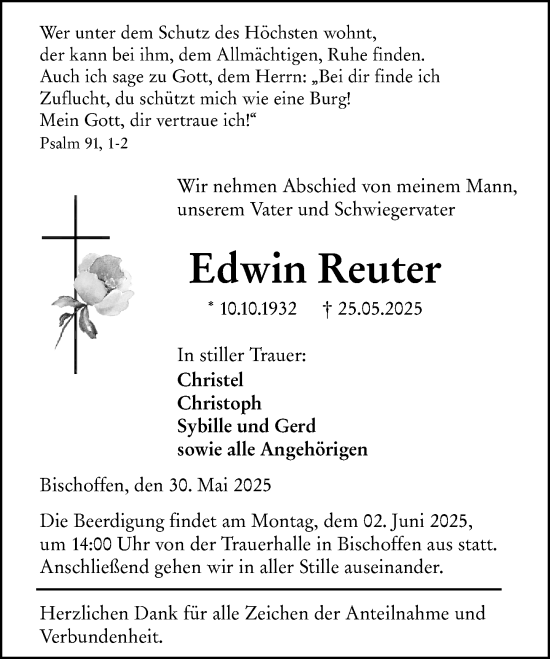 Traueranzeige von Edwin Reuter von Dill Block