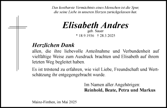 Traueranzeige von Elisabeth Andres von Allgemeine Zeitung Mainz