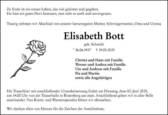 Traueranzeige von Elisabeth Bott von Wetzlarer Neue Zeitung