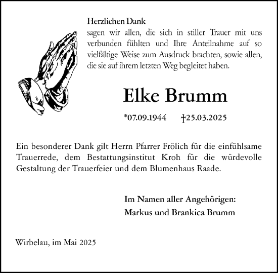 Traueranzeige von Elke Brumm von Weilburger Tageblatt