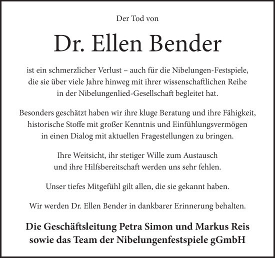 Traueranzeige von Ellen Bender von Wormser Zeitung