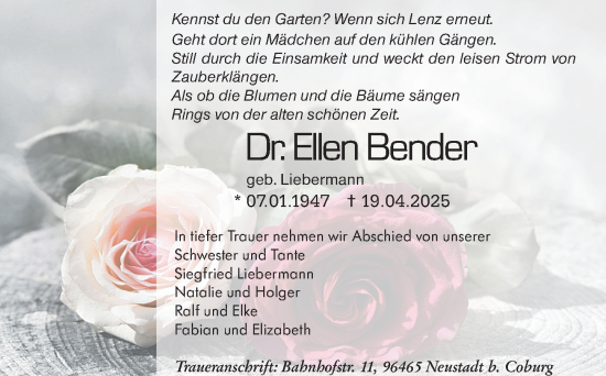 Traueranzeige von Ellen Bender von Wormser Zeitung