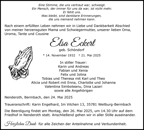Traueranzeige von Elsa Eckert von Dill Block