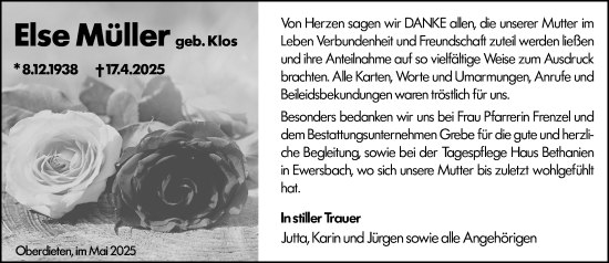 Traueranzeige von Else Müller von Hinterländer Anzeiger