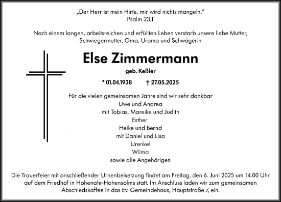 Traueranzeige von Else Zimmermann von Wetzlarer Neue Zeitung