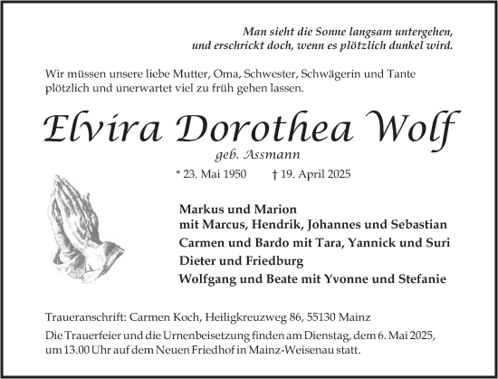Traueranzeige von Elvira Dorothea Wolf von Allgemeine Zeitung Mainz