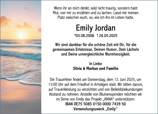 Traueranzeige von Emily Jordan von Darmstädter Echo