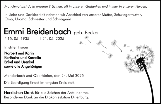 Traueranzeige von Emmi Breidenbach von Dill Block