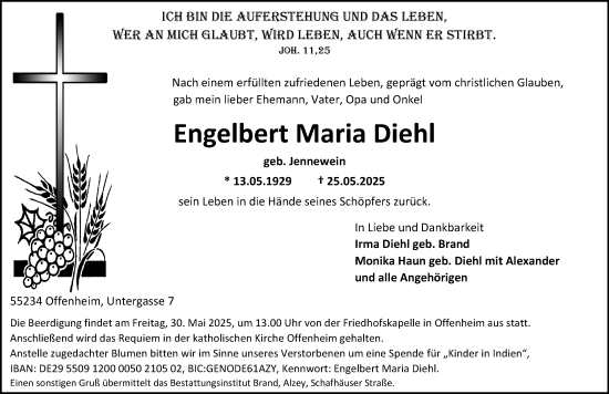 Traueranzeige von Engelbert Maria Diehl von Allgemeine Zeitung Alzey