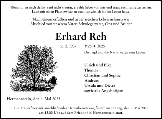Traueranzeige von Erhard Reh von Wetzlarer Neue Zeitung