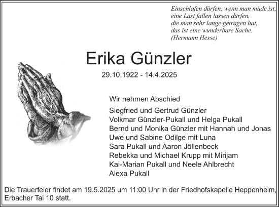 Traueranzeige von Erika Günzler von Starkenburger Echo