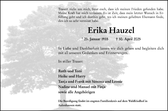 Traueranzeige von Erika Hauzel von Weilburger Tageblatt