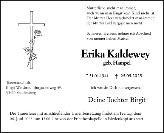 Traueranzeige von Erika Kaldewey von Hinterländer Anzeiger