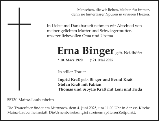 Traueranzeige von Erna Binger von Allgemeine Zeitung Mainz