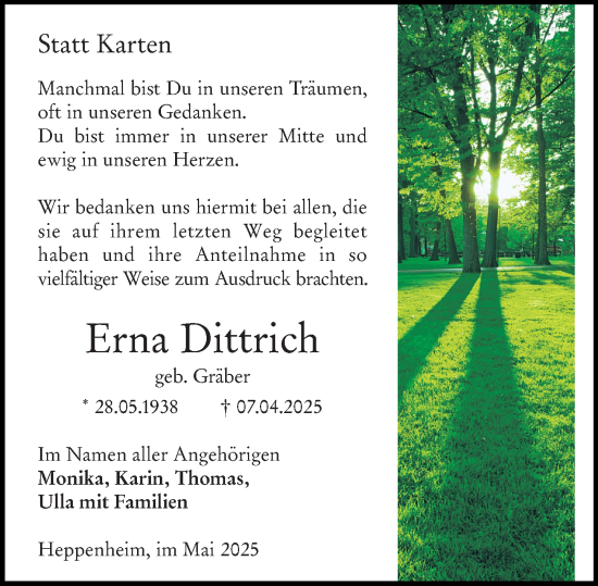 Traueranzeige von Erna Dittrich von Starkenburger Echo