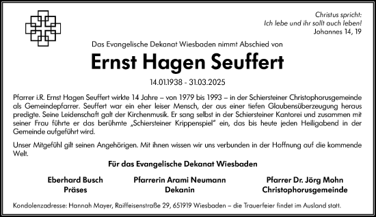 Traueranzeige von Ernst Hagen Seuffert von Wiesbadener Kurier