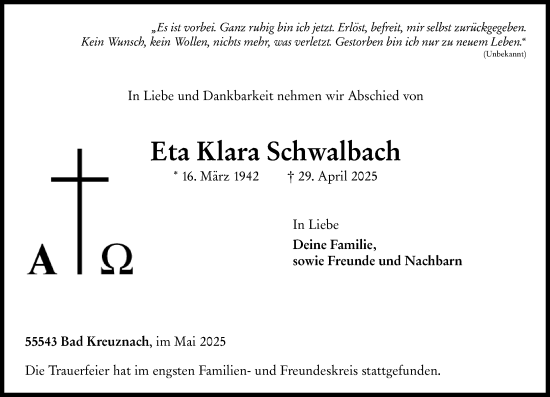 Traueranzeige von Eta Klara Schwalbach von Allgemeine Zeitung Rheinhessen-Nahe