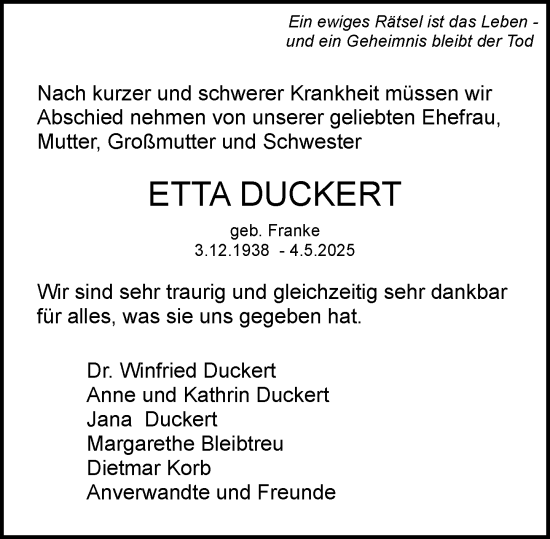 Traueranzeige von Etta Duckert von Wiesbadener Kurier