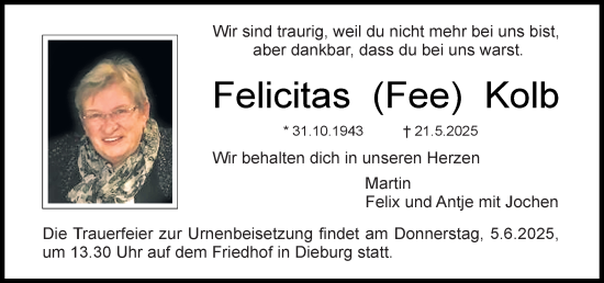 Traueranzeige von Felicitas Kolb von Dieburger Anzeiger/Groß-Zimmerner Lokal-Anzeiger