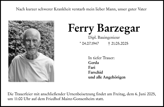 Traueranzeige von Ferry Barzegar von Allgemeine Zeitung Mainz