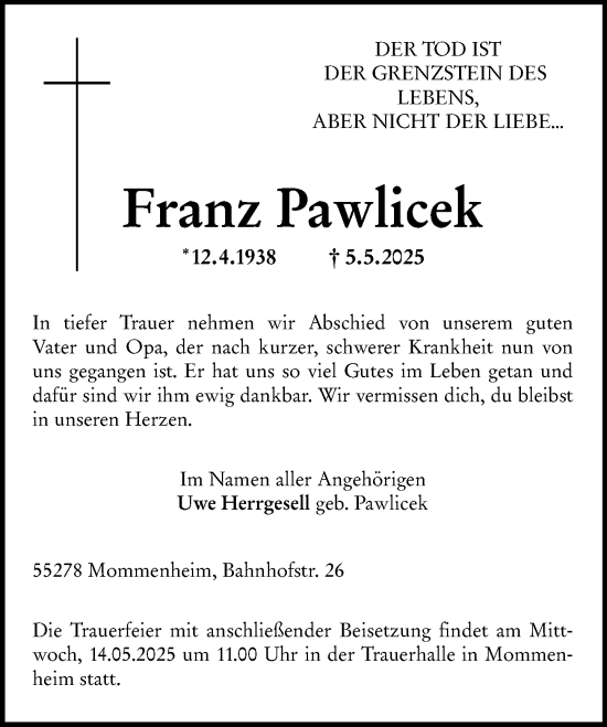 Traueranzeige von Franz Pawlicek von Allgemeine Zeitung Mainz