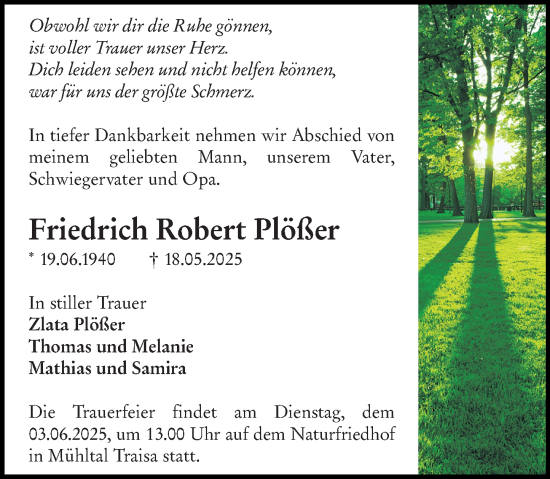 Traueranzeige von Friedrich Robert Plößer von Darmstädter Echo