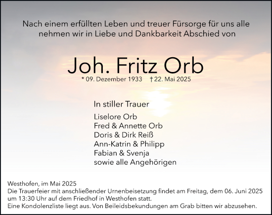 Traueranzeige von Fritz Orb von Allgemeine Zeitung Alzey