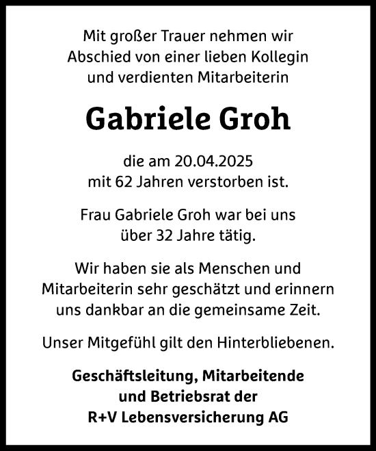 Traueranzeige von Gabriele Groh von Allgemeine Zeitung Alzey