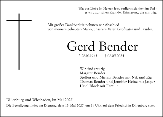 Traueranzeige von Gerd Bender von Dill Block