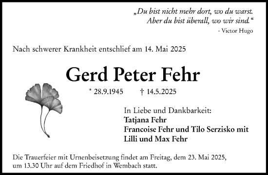 Traueranzeige von Gerd Peter Fehr von Darmstädter Echo