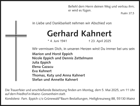 Traueranzeige von Gerhard Kahnert von Allgemeine Zeitung Mainz