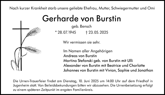 Traueranzeige von Gerharde von Burstin von Darmstädter Echo