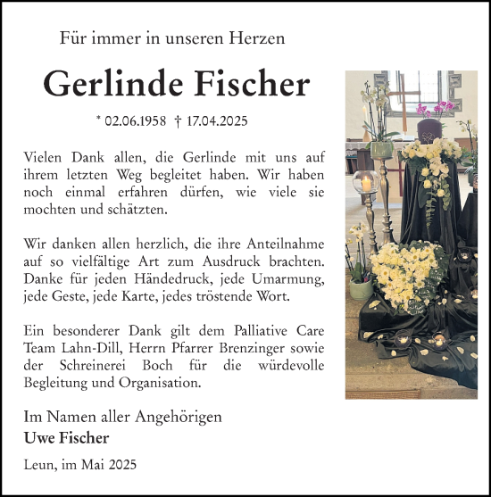 Traueranzeige von Gerlinde Fischer von Weilburger Tageblatt
