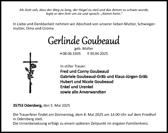 Traueranzeige von Gerlinde Goubeaud von Dill Block