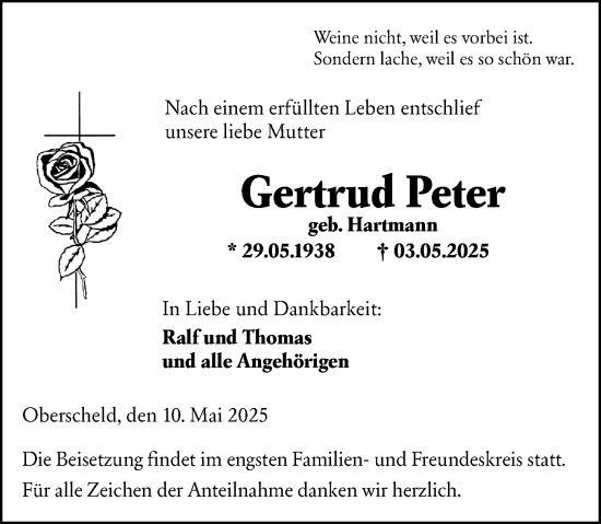 Traueranzeige von Gertrud Peter von Dill Block