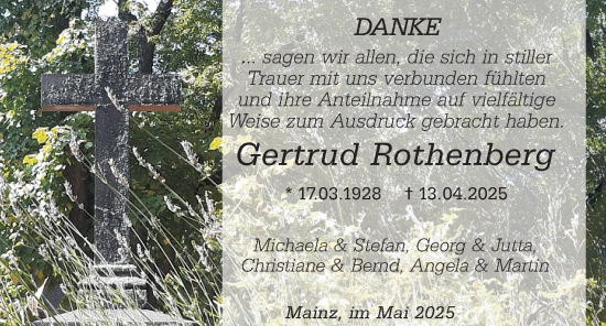 Traueranzeige von Gertrud Rothenberg von Allgemeine Zeitung Mainz