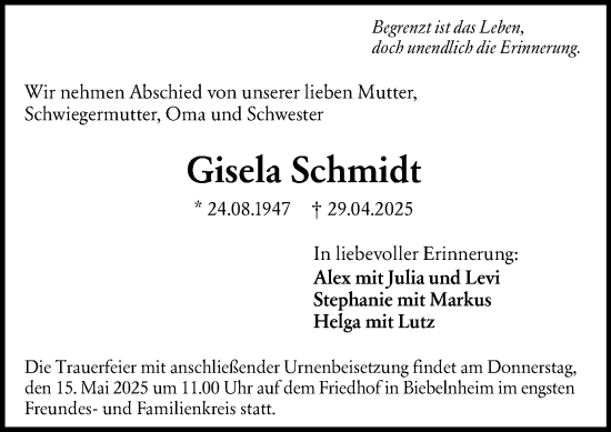 Traueranzeige von Gisela Schmidt von Allgemeine Zeitung Alzey