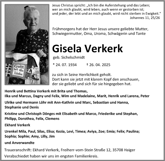 Traueranzeige von Gisela Verkerk von Dill Block