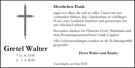 Traueranzeige von Gretel Walter von Dill Block