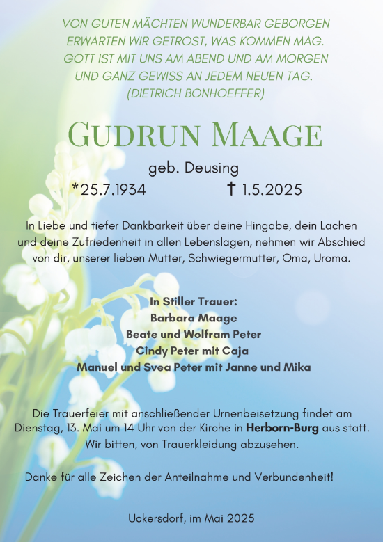 Traueranzeige von Gudrun Maage von Dill Block